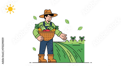 Illustration of a Farmer in the Field Harvesting Vegetables, Promoting Agriculture