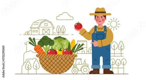 Illustration of a Farmer with a Basket of Fresh Vegetables and Fruits from the Harvest