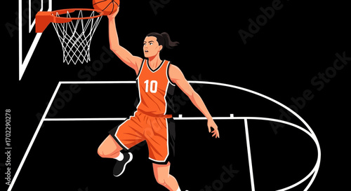Illustration of a female basketball player shooting a basket with a black background