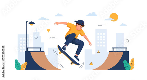 Illustration of a Skateboarder Performing a Trick in a Skate Park during the Day