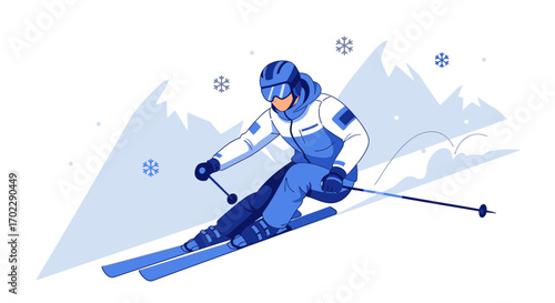 Illustration of a skier skiing down a snowy mountain slope in vector style