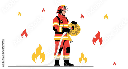 Illustration of a Firefighter in Protective Gear Standing by a Fire Hose and Flames