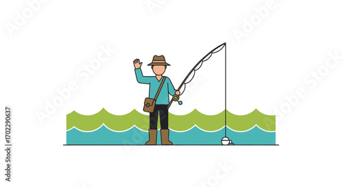 Illustration of a fisherman waving with his fishing rod representing leisure, hobbies, and outdoors