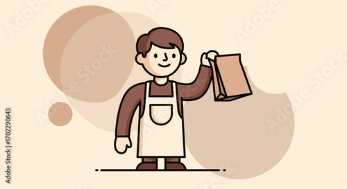 Illustration of a Smiling Delivery Person Holding a Bag in a Cafe or Restaurant Setting