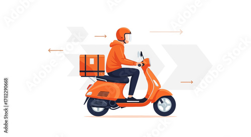 Illustration of a food delivery guy on a scooter with a helmet carrying a delivery box