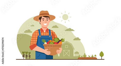 Illustration of a Smiling Farmer Holding Basket of Fresh Harvested Vegetables