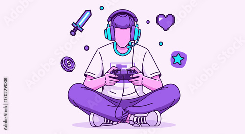 Illustration of a gamer playing with a controller and headphones on a purple background
