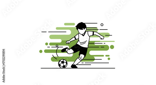 Illustration of a soccer player kicking a ball with green and black design
