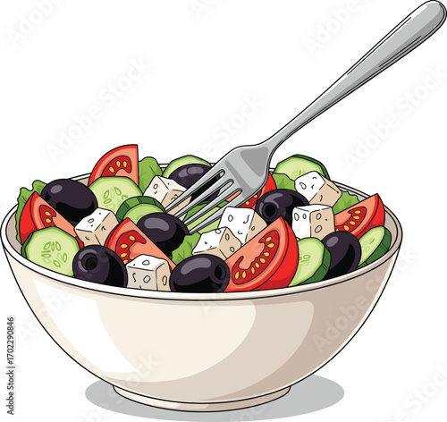 Traditional Greek Salad with Feta Cheese and Olives Vector