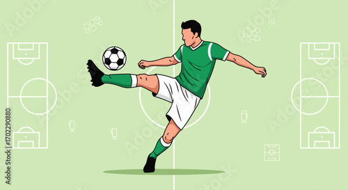 Illustration of a soccer player kicking a soccer ball during an action in a game sport match
