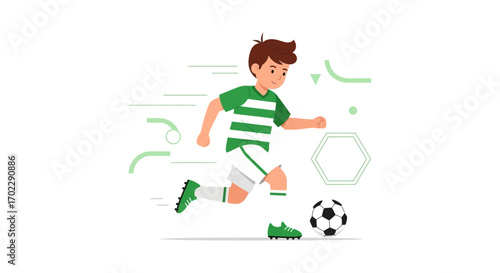 Illustration of a soccer player kicking the ball on a white background for sports scenes