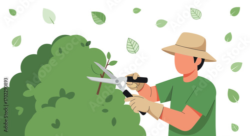 Illustration of a Gardener Trimming a Bush with Tools, Garden Work and Green Leaves