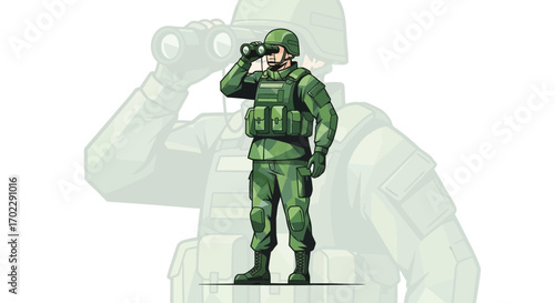 Illustration of a soldier observing through binoculars concept on white background