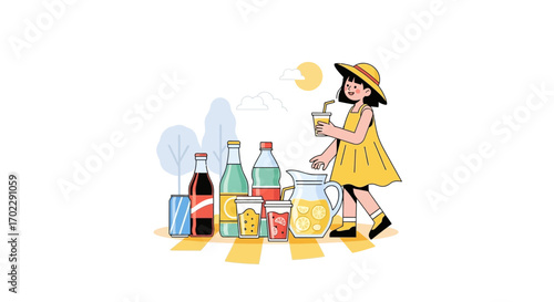 Illustration of a girl enjoying refreshing drinks from bottles and a pitcher on a sunny day