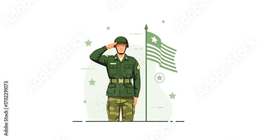 Illustration of a soldier saluting next to a waving flag with stars and artistic elements