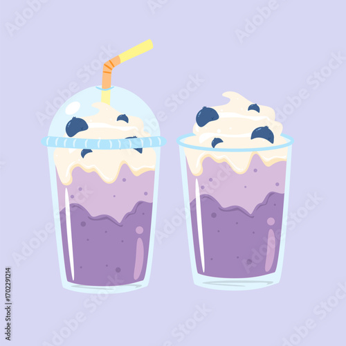 Blueberry milkshake in plastic cup cartoon. Delicious beverage ilustration. Smoothies for summer