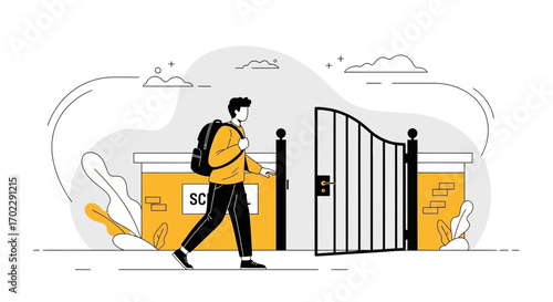 Illustration of a student arriving at school passing through the gate