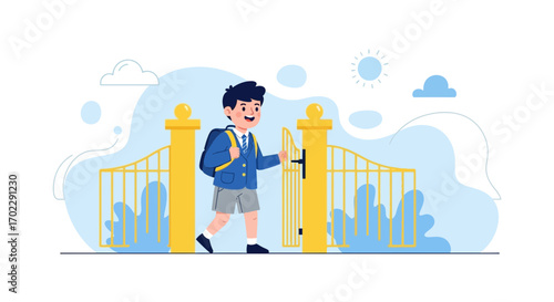 Illustration of a student entering the school gate on a beautiful sunny day