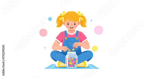 Illustration of a girl sitting and putting colorful candies in a jar