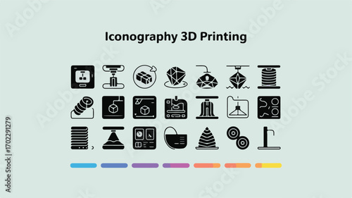 Minimalist icons depicting 3 D printing technology and processes 3d printing manufacturing