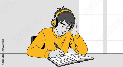 Illustration of a student studying and taking notes while listening to music
