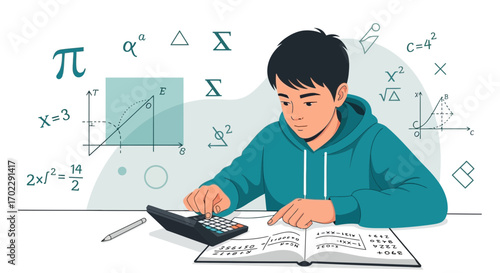 Illustration of a student studying math, using a calculator, and solving equation at home