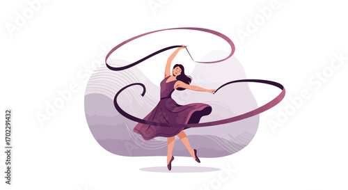 Illustration of a graceful gymnast performing rhythmic gymnastics with a ribbon