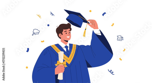Illustration of a graduate celebrating his achievement of academic success in college