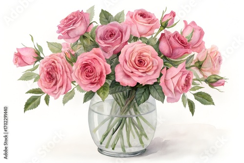 Wallpaper Mural Pink roses in a clear glass vase watercolor isolated in the white background Torontodigital.ca