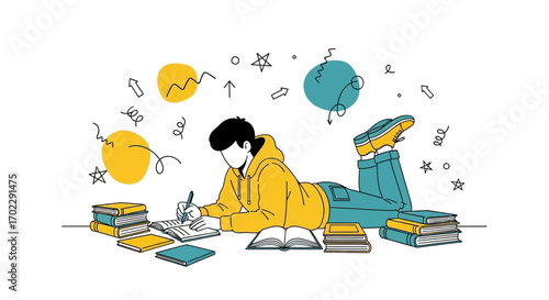 Illustration of a student studying with books and taking notes in an outlined style