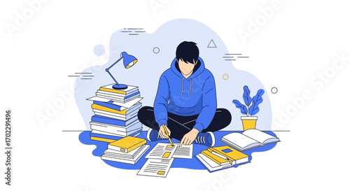 Illustration of a student studying with books, a lamp, and a plant, flat vector design