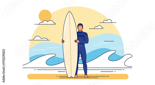 Illustration of a surfer holding his surfboard at the beach on a sunny day
