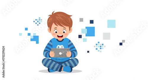 Illustration of a happy boy playing games on a tablet, colorful design, white background