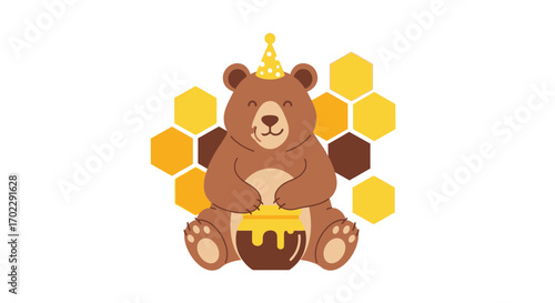 Illustration of a Happy Cartoon Bear with Honey and Honeycomb Graphics and White Background