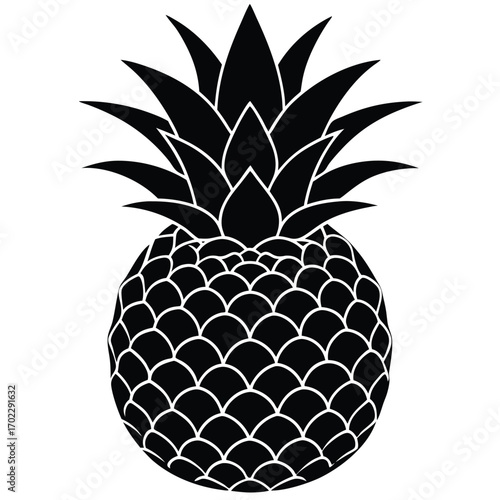 Vector illustration of a fresh, ripe, and juicy tropical pineapple with a vibrant green leaf, isolated on a white background