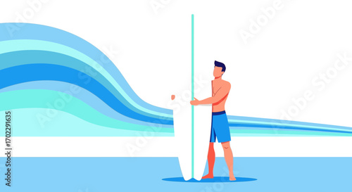 Illustration of a surfer holding a surfboard on a beach with dynamic waves and ocean background