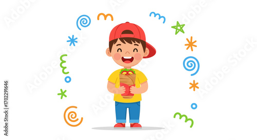 Illustration of a happy child holding a delicious wrap with a red cap and joyful facial expressions