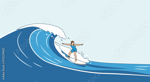 Illustration of a surfer riding a big wave on a surfboard, summer fun