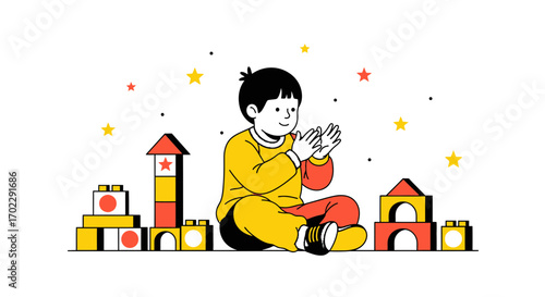 Illustration of a happy child playing with building blocks and showing his appreciation