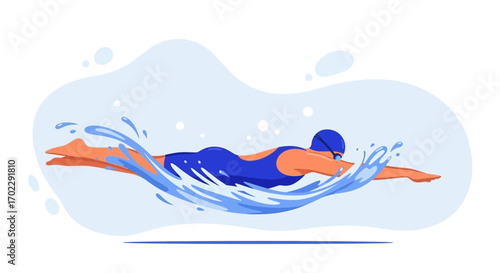Illustration of a swimmer in a blue swimsuit doing a freestyle stroke isolated