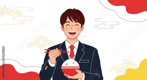 Illustration of a happy man eating rice with chopsticks in a modern style