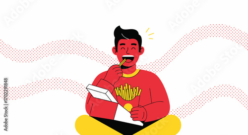 Illustration of a happy person enjoying french fries, vector design, fast food consumerism
