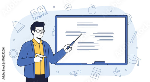 Illustration of a Teacher in Class Using a Pointer in Front of a Whiteboard
