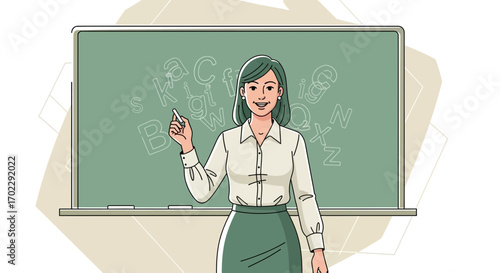 Illustration of a teacher holding chalk in front of a blackboard in a classroom