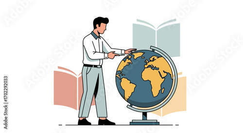 Illustration of a Teacher Presenting a Globe with Books in the Background for Education