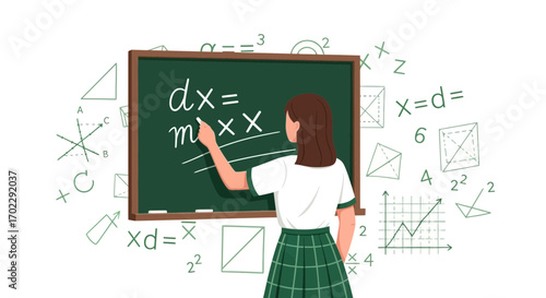 Illustration of a teacher solving a math equation on a chalkboard in a classroom setting