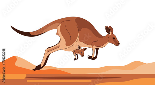 Illustration of a jumping kangaroo with a joey depicted on a simplistic landscape