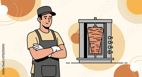 Illustration of a Kebab Chef with a Shawarma Grill in a Restaurant Setting