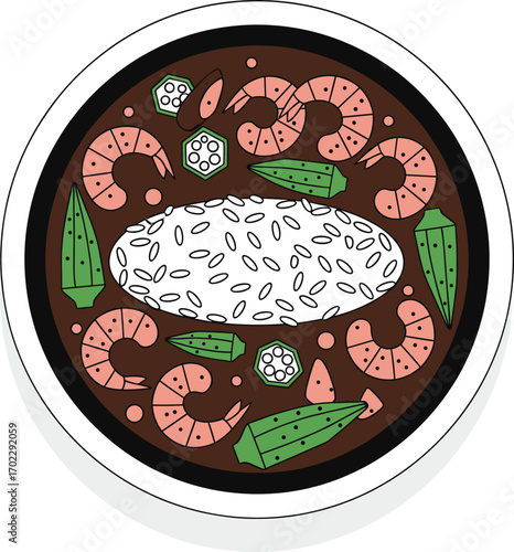 Vector Gumbo Bowl with Rice and Vegetables