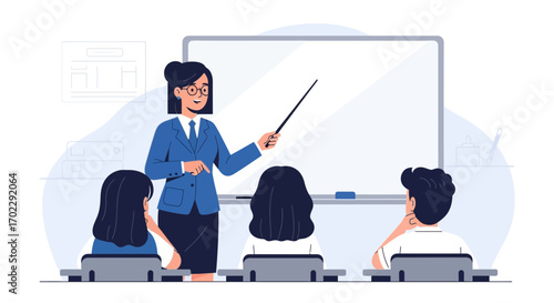 Illustration of a teacher teaching in front of students in a classroom setting